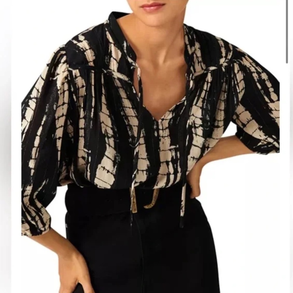 ba&sh Black and Cream Abstract Print Blouse